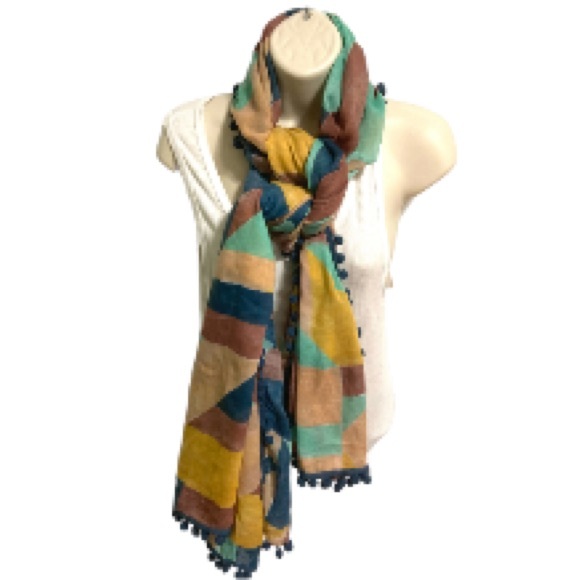PRANA Oversize Scarf Wrap Shawl Cover Up Sarong Pom Pom Abstract70 in x 35 in